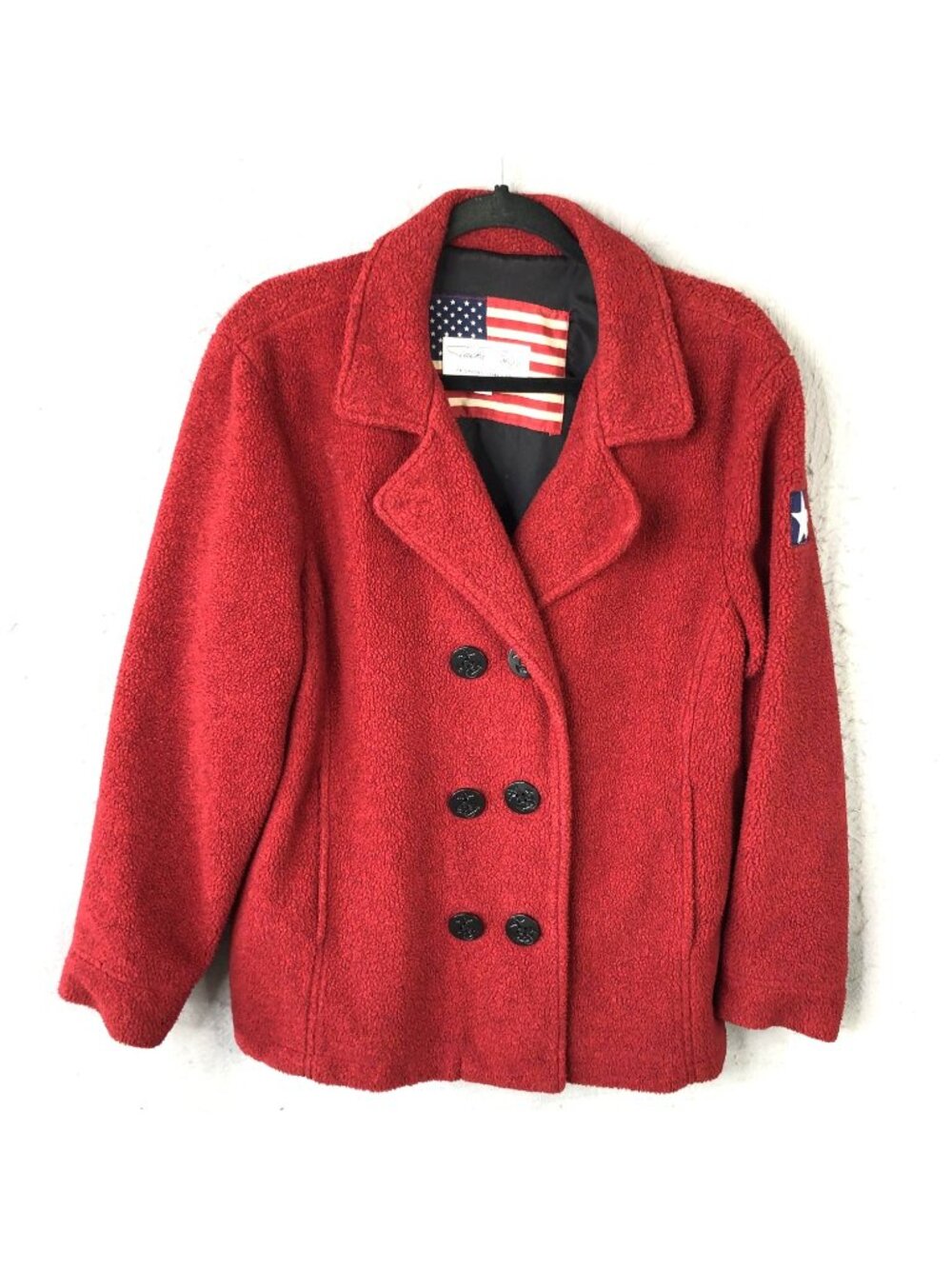 Tasha Polizzi Coat Womens M Red Fleece Pea Coat Nautical Anchor USA Patriotic